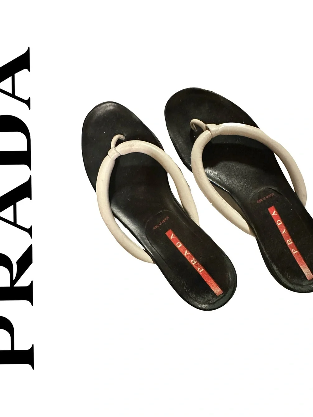 Prada Black Footbed Sandals with Cream Tubular Straps flip flops Sz 8